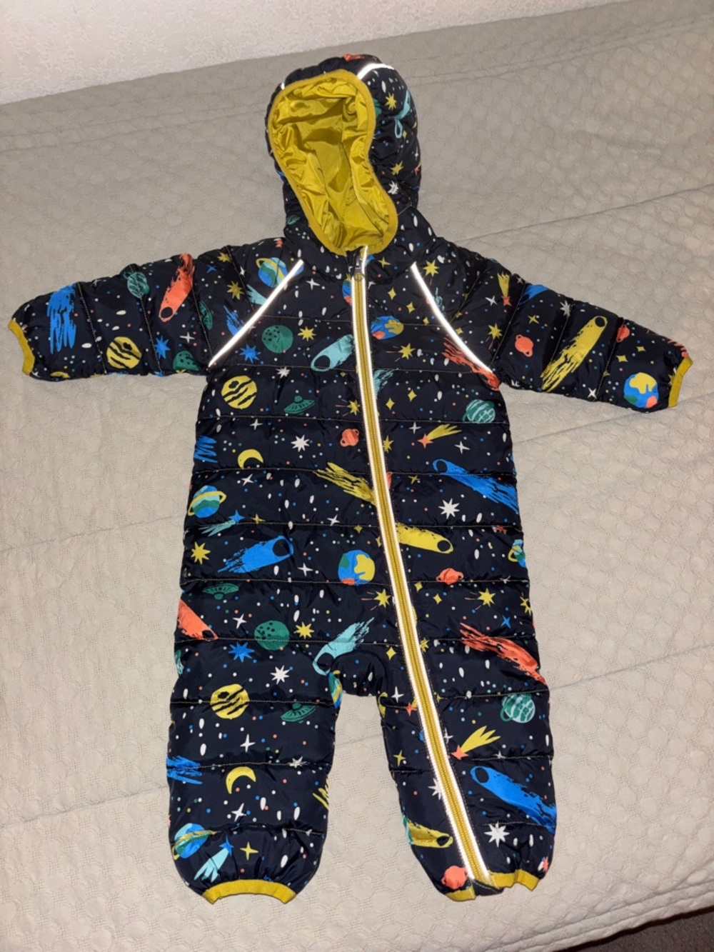 Hanna Andersson Black Space-Print Hooded One-Piece with Yellow Lining